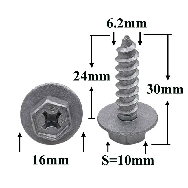 Саморез автомобильный 6,2x24 с шестигранной головкой и шайбой, серебристый S=10