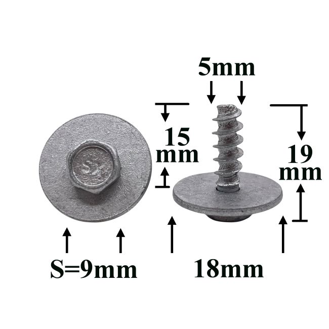 Шуруп автомобильный 5x15 с шестигранной головкой и шайбой, серебристый S=9