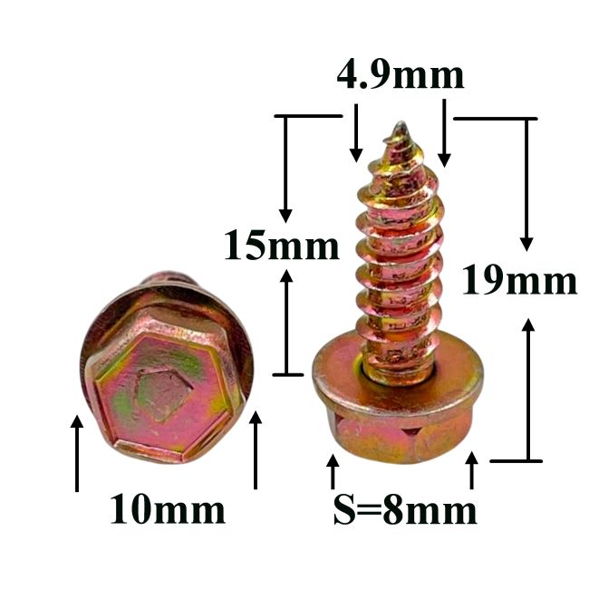 Саморез автомобильный 4,9x15 с шестигранной головкой и шайбой, золотистый S=8