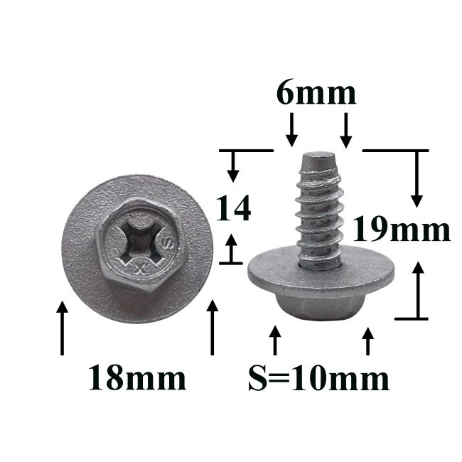 Шуруп автомобильный 6x14 с шестигранной головкой и шайбой, серебристый S=10