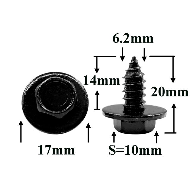 Саморез автомобильный 6,2x14 с шестигранной головкой и шайбой, черный S=10