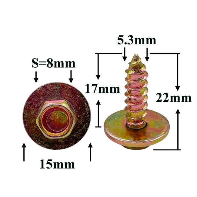 Саморез автомобильный 5,3x17 с шестигранной головкой и шайбой, золотистый S=8