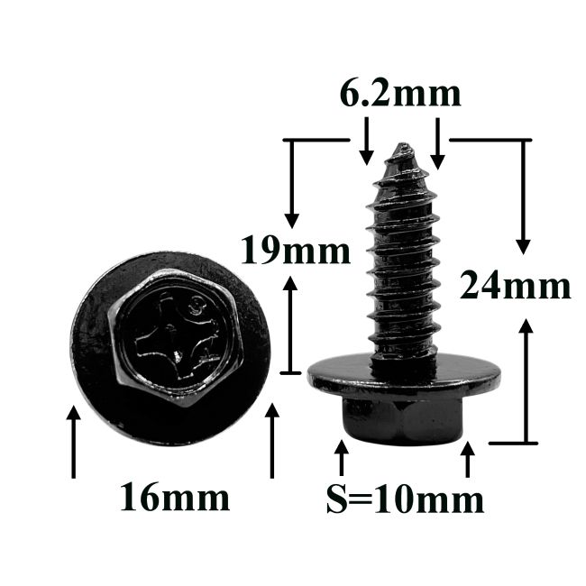 Саморез автомобильный 6,2x19 мм с шестигранной головкой и шайбой, черный S=10