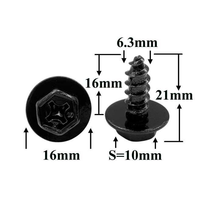 Саморез автомобильный 6,3x16 с шестигранной головкой и шайбой, черный S=10