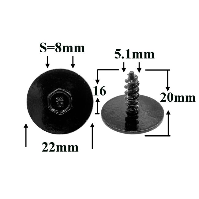 Саморез автомобильный 5,1x16 мм с шестигранной головкой и шайбой, черный S=8