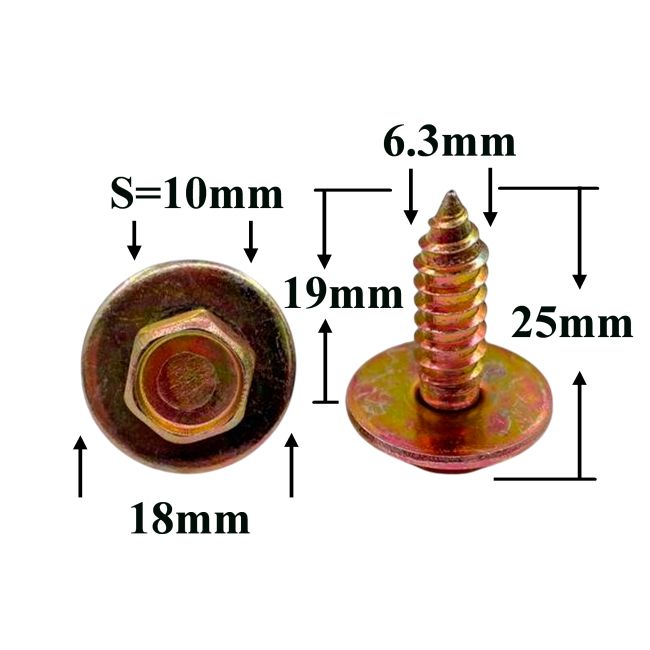 Саморез автомобильный 6,3x19 с шестигранной головкой и шайбой, золотистый S=10