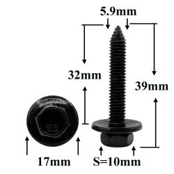 Болт автомобильный М6x32 с шестигранной головкой и шайбой, черный S=10